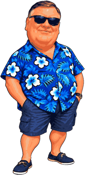Bron, cartooned, in a blue hibiscus shirt and navy shorts