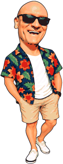 Dave, cartooned, in a floral shirt and chino shorts