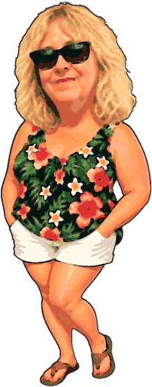 Lesley, cartooned, in a pink floral vest and white shorts