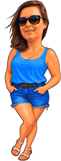 Natalie, cartooned, in a blue vest and denim shorts